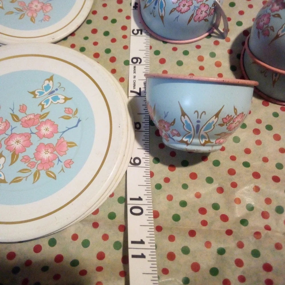 Vintage Metal Toy Dishes Dollhouse Pink Flower Butterfly